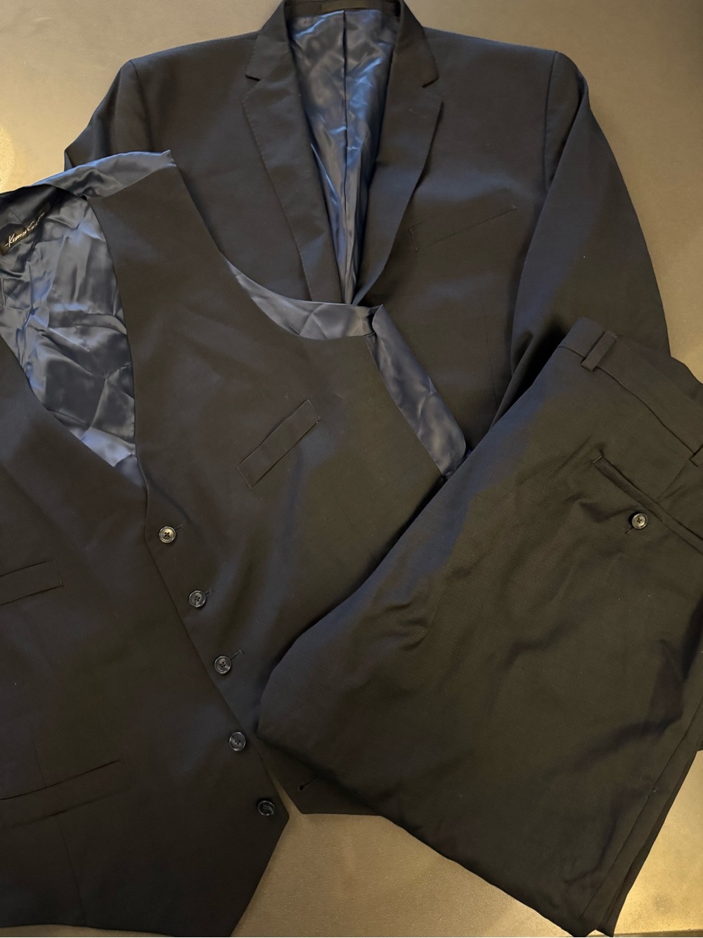 Kenneth Cole New York Black Three-Piece Suit with Satin-Lined Vest